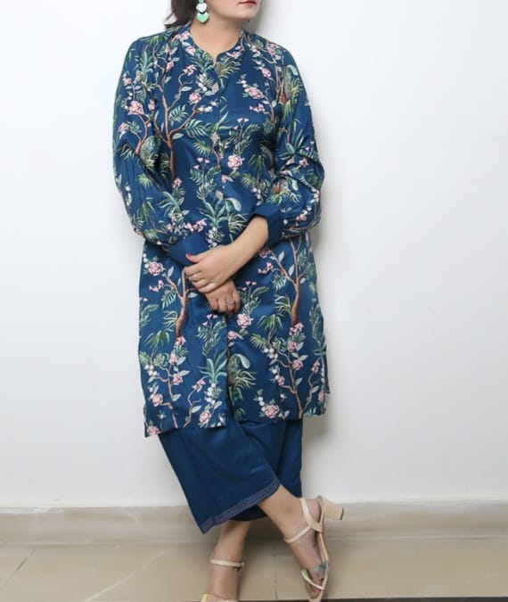 Navy Floral Print Kurti Set with Pant