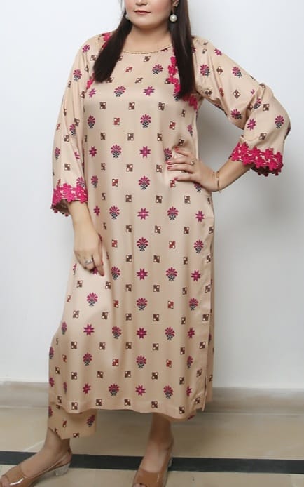 Beige Printed Kurti with Pink Border