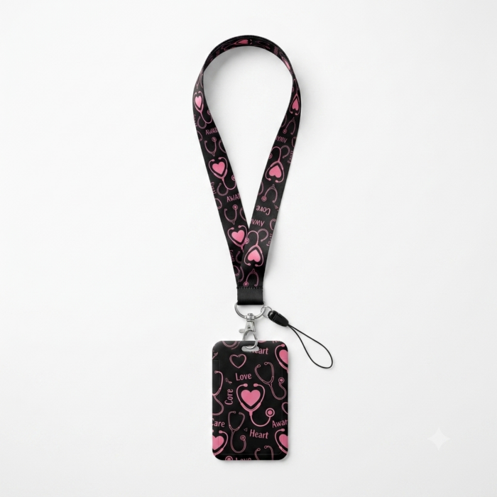 Pink Heart Stethoscope Print Nurse Lanyard with ID Card Holder